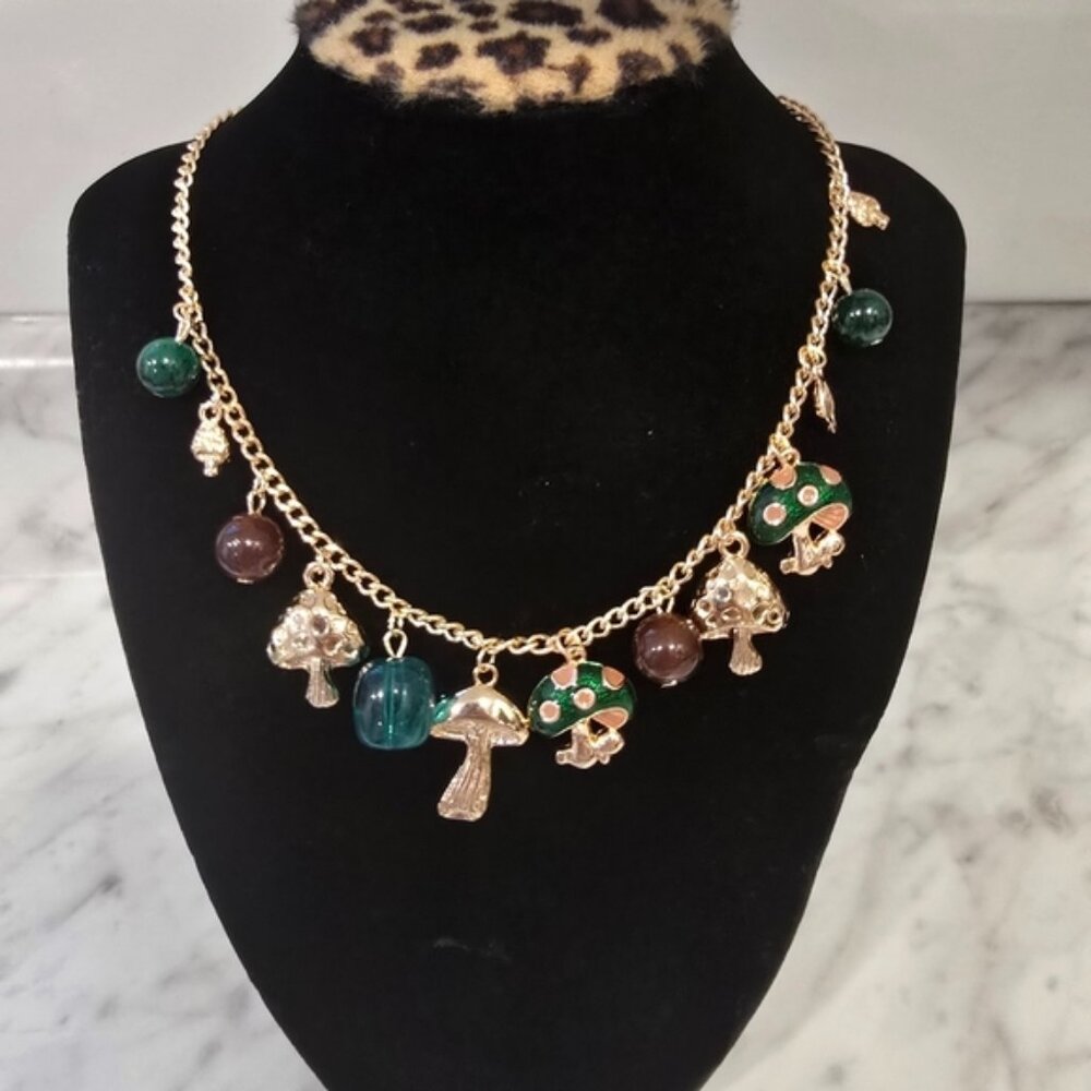 Willow May Green Brown Mushroom Charm Necklace